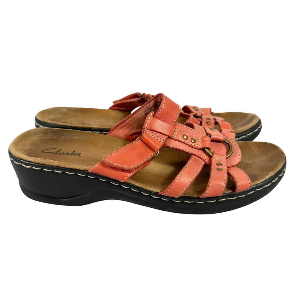 Clarks Wedge Slides Sandals Womens 8M Coral Leather Shoes